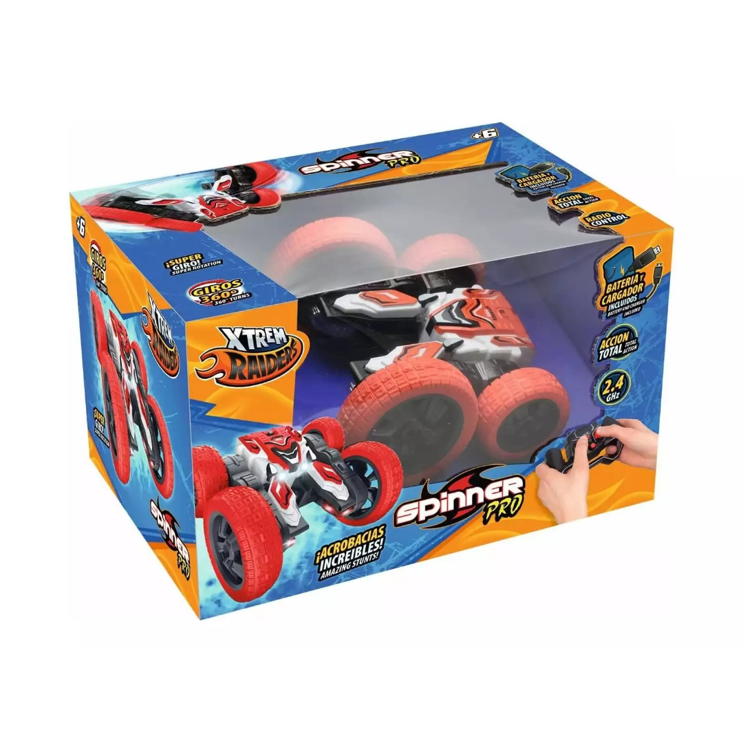 Carro comando remoto Spinner Pro vermelho e preto em caixa azul e amarela