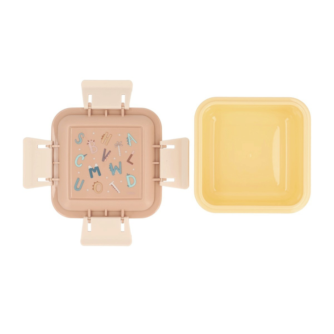 Recipientes quadrados de plástico com tampa decorada e interior amarelo