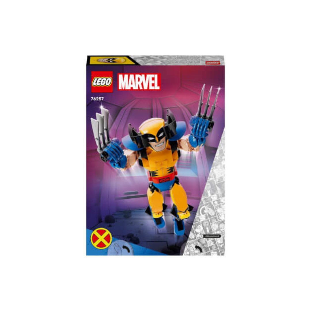 Caixa de brinquedo LEGO Marvel de Wolverine com garras prateadas em fundo roxo