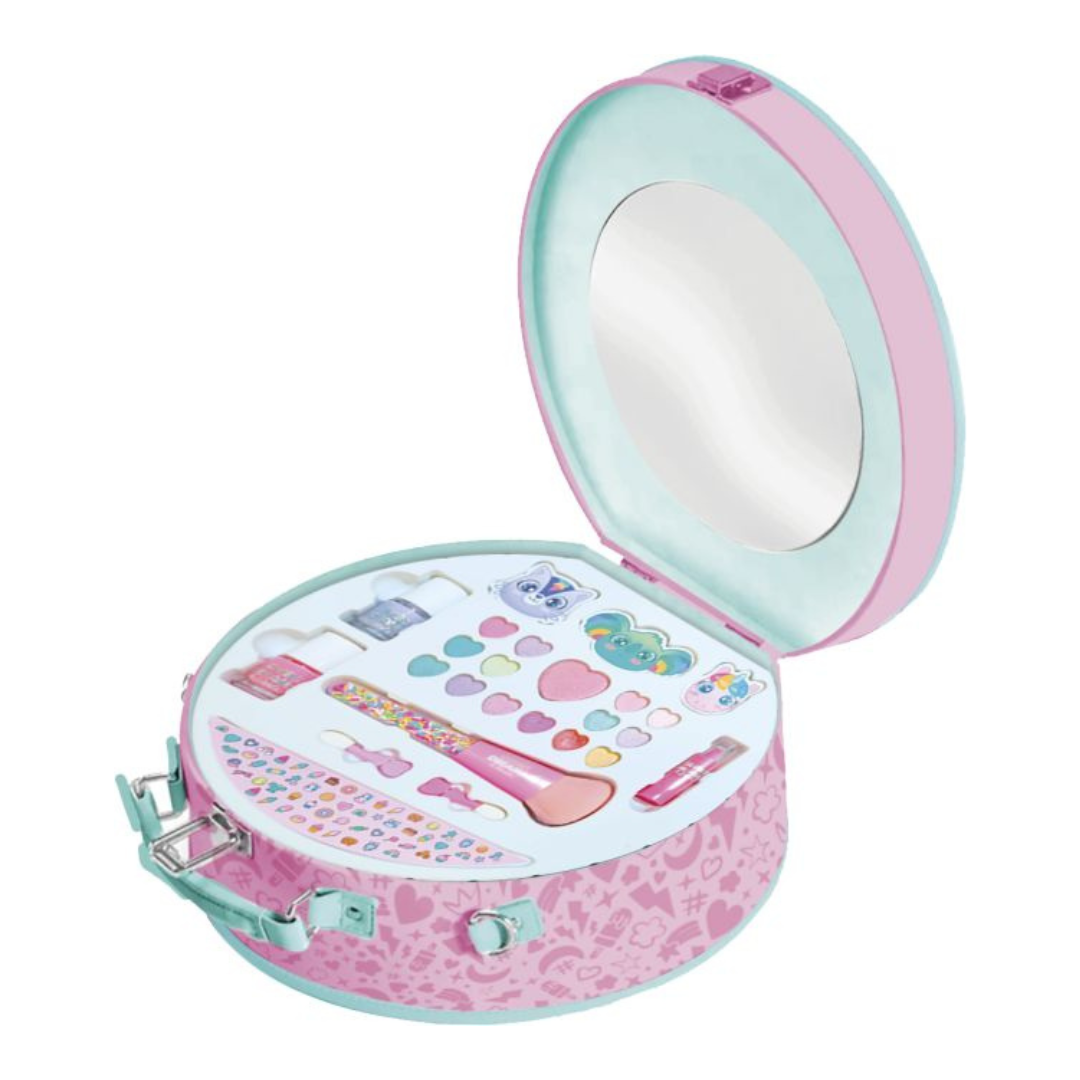 Estojo redondo cor-de-rosa com maquilhagem infantil, espelho e acessórios