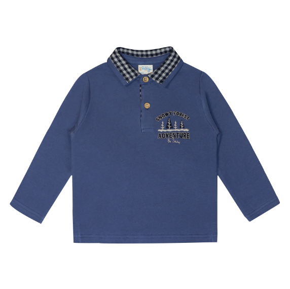 Camisola azul de manga comprida com gola xadrez e bordado aventureiro