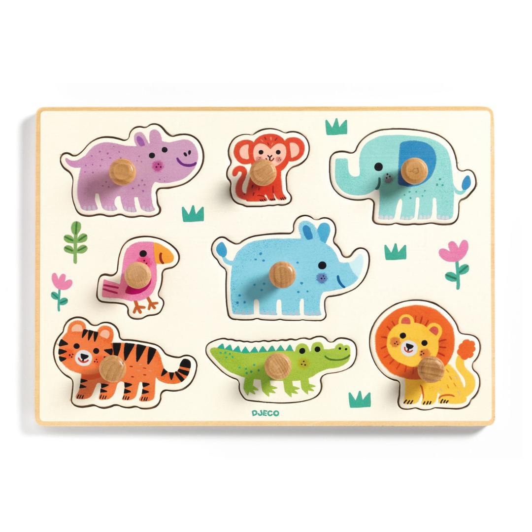 Puzzle de madeira com animais coloridos e puxadores de madeira natural.