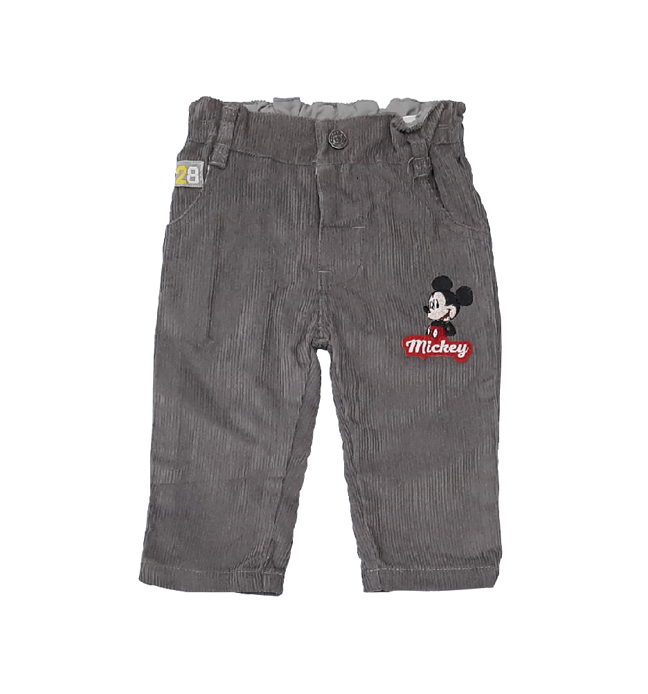 Calças infantis cinzentas de veludo cotelê com estampado do Mickey Mouse
