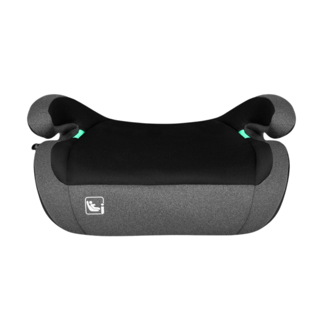 Cadeira de elevação infantil cinzenta e preta com símbolo branco