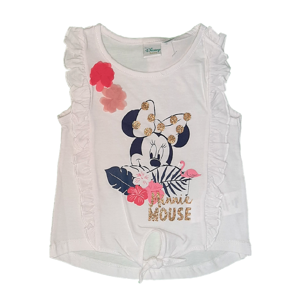Camisola branca de criança com estampa da Minnie Mouse e folhos laterais