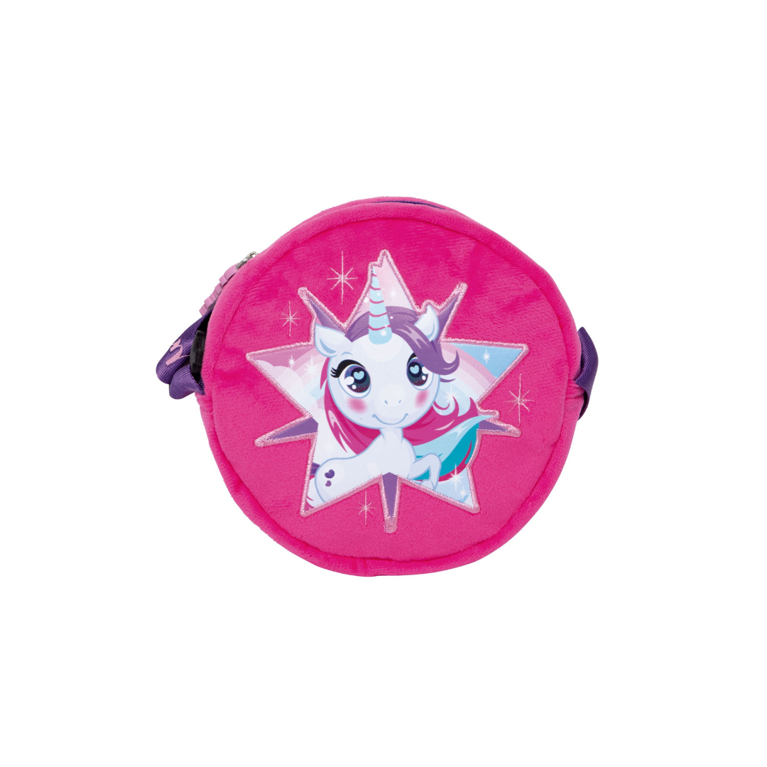 bolsa redonda rosa com unicórnio e alça roxa