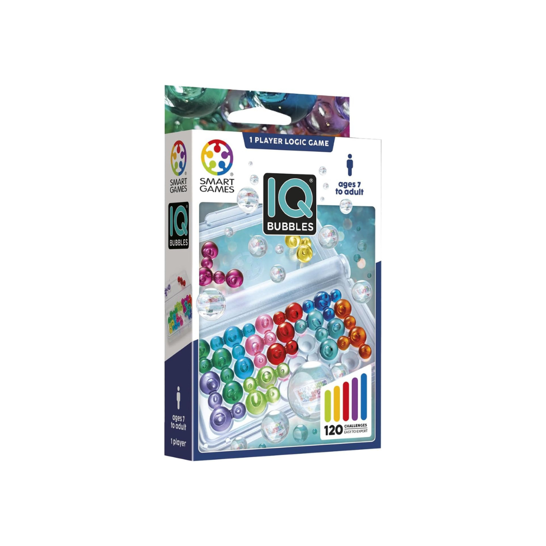 Caixa do jogo de lógica IQ Bubbles com peças coloridas em bolhas e indicação de 120 desafios.