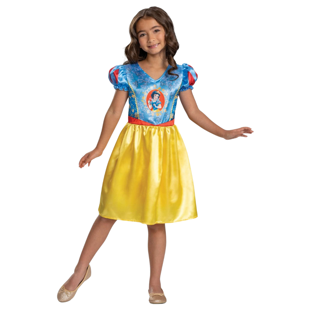 Vestido infantil fantasia Branca de Neve azul e amarelo com imagem da personagem na frente