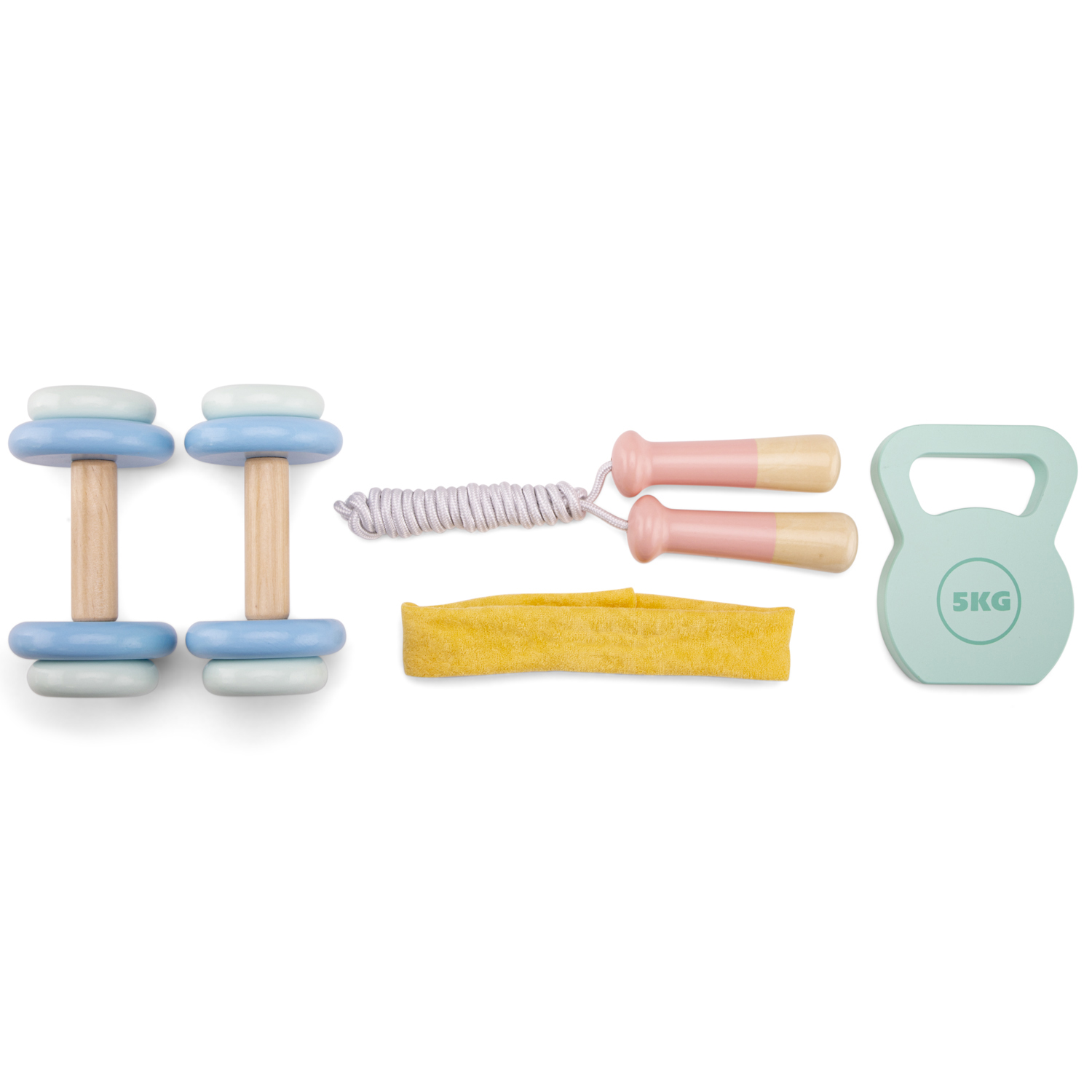 Equipamento fitness: halteres de madeira azuis e brancos, corda de saltar com cabos rosa, faixa elástica amarela e kettlebell verde 5KG.