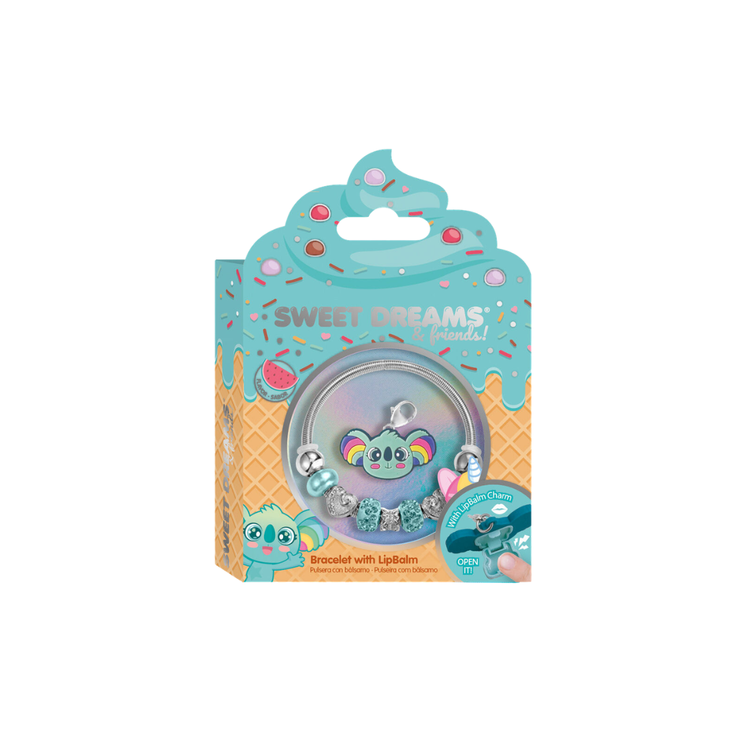 Pulseira infantil com bálsamo labial e embalagem colorida com tema de gelado e confeitos