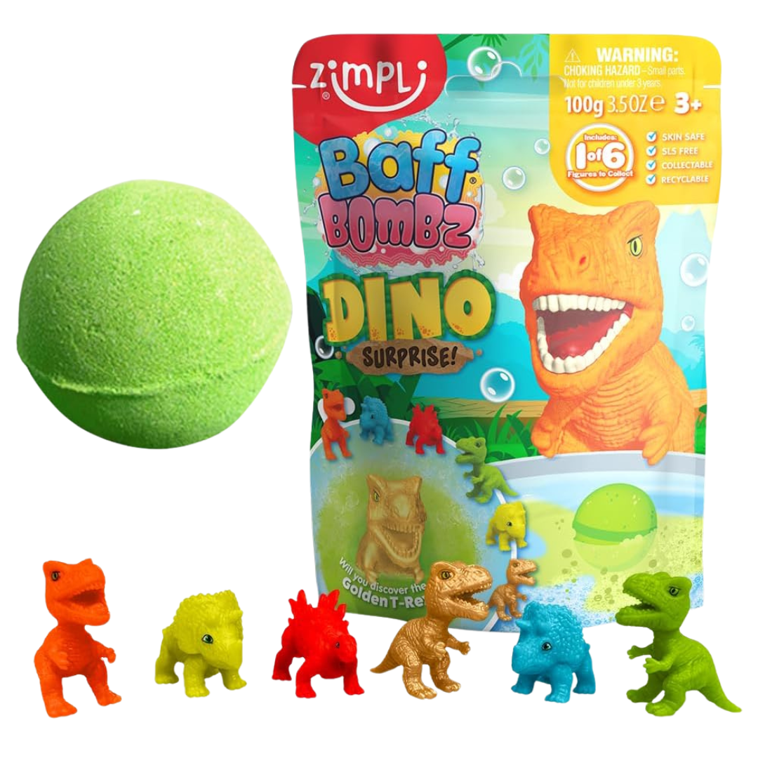 Baff Bombz Dino Surprise da Zimpli com bomba de banho verde e figuras de dinossauros coloridas