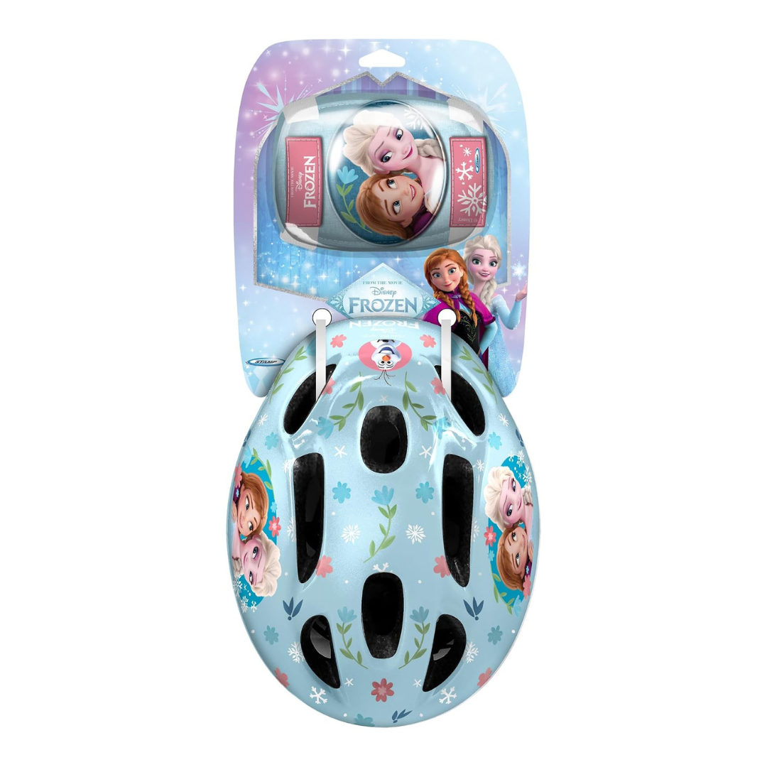 Conjunto de segurança infantil Frozen azul com capacete e proteções decoradas.