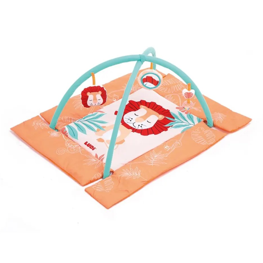 Tapete de atividades para bebé com almofada laranja, arco azul-claro e estampa de leão