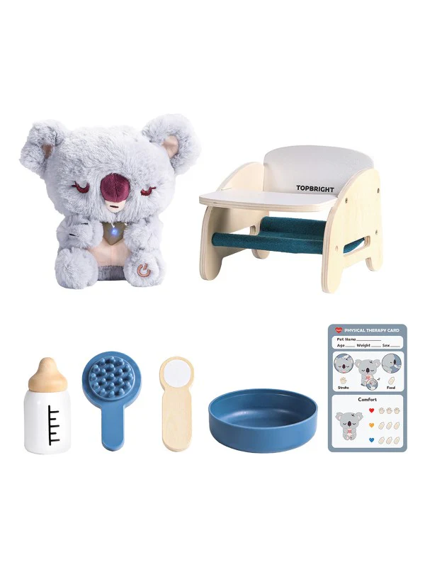 Conjunto infantil com peluche cinzento, cadeira de madeira clara, acessórios e cartão de terapia física