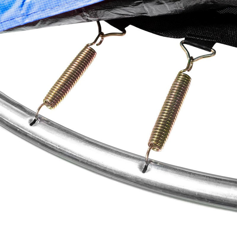 duas molas metálicas douradas ligadas a aro cromado e tecido preto e azul