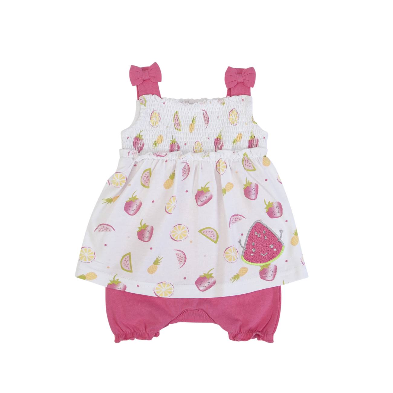 Conjunto bebé com vestido branco estampado de frutas e calções cor-de-rosa