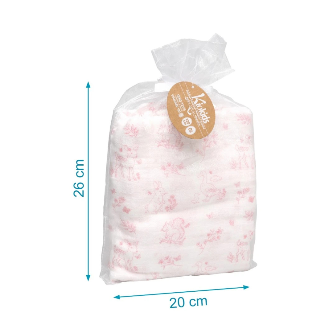 Pano branco com desenhos rosa de animais embalado em saco de organza com etiqueta redonda Kiokids