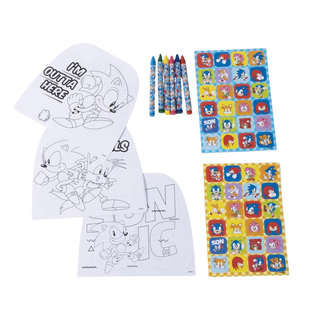 Conjunto de desenho Sonic com lápis de cor, folhas para colorir e autocolantes