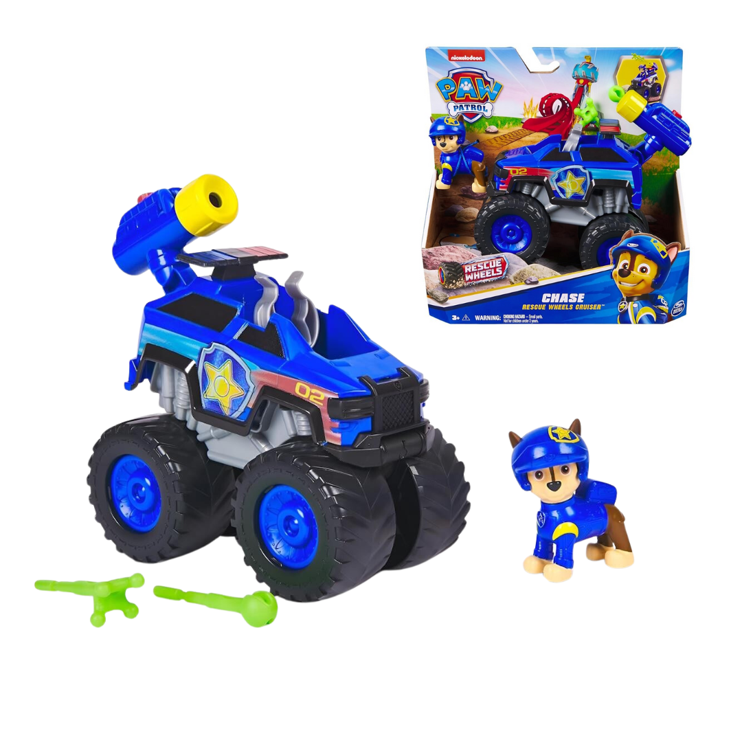 Brinquedo carrinho todo-o-terreno azul com figura cão em uniforme azul e embalagem PAW PATROL
