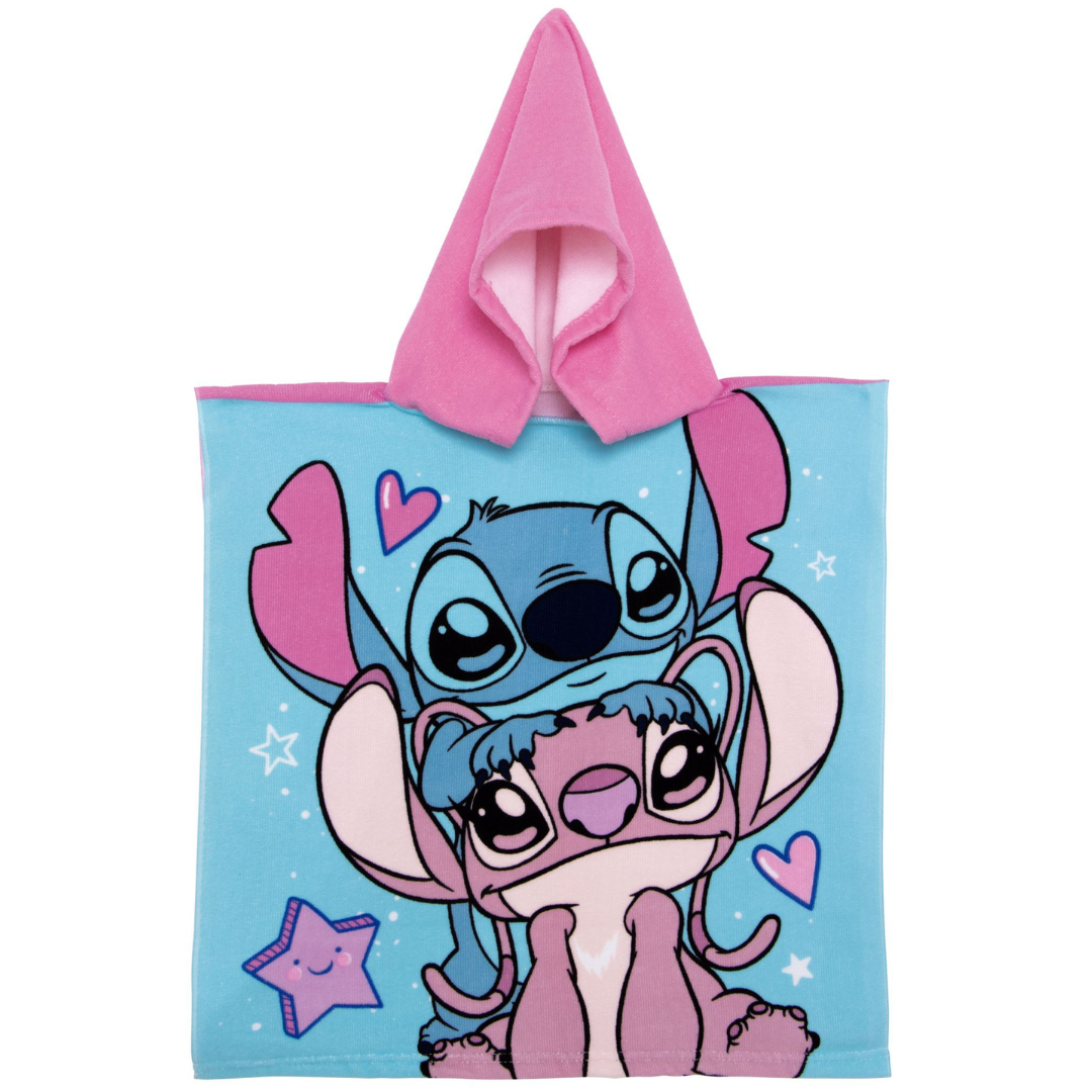 Toalha poncho colorida para crianças com personagens Stitch e Angel.