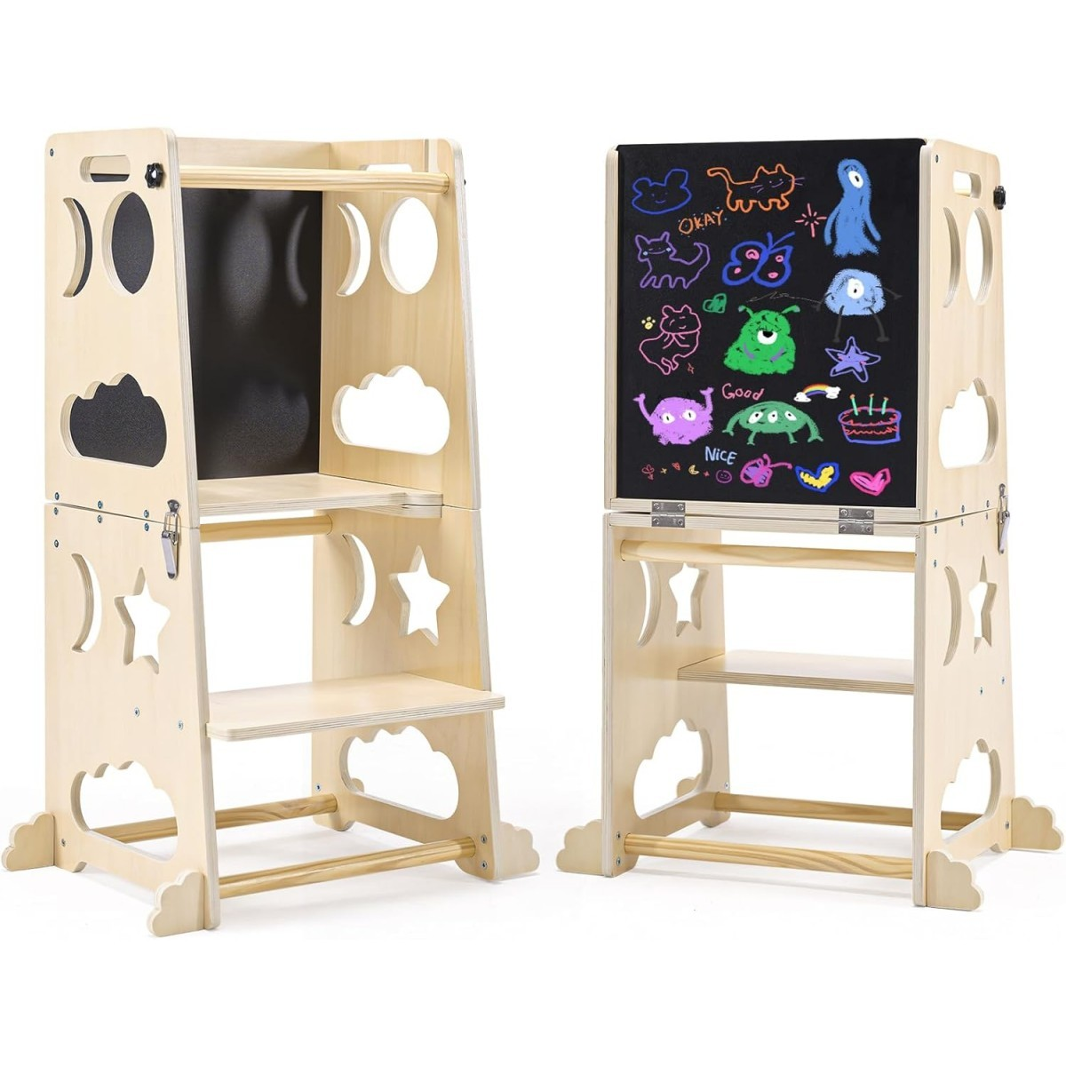 Móvel infantil multiusos em madeira clara com recortes decorativos e quadros para desenho