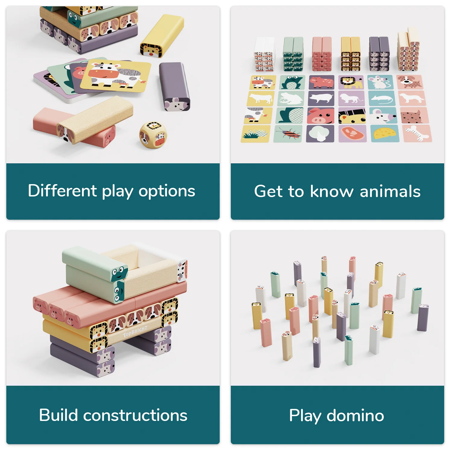 Brinquedo educativo de blocos de madeira com tema de animais e peças para dominó