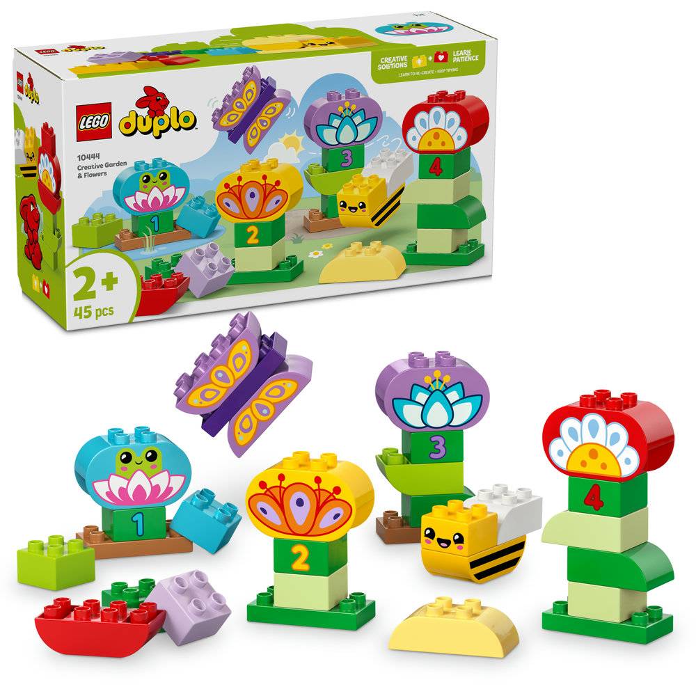 Conjunto LEGO Duplo flores coloridas, números 1 a 4, borboleta e abelha, embalagem 45 peças 2+