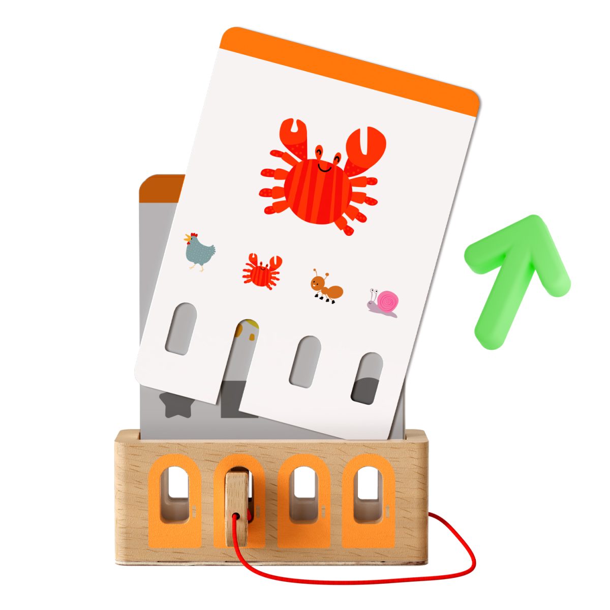 Jogo educativo de madeira com cartas de animais e base com cordão vermelho