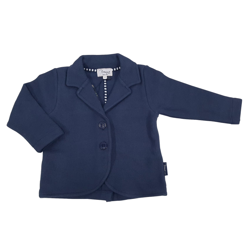 Casaco azul escuro para criança com dois botões e gola com lapela