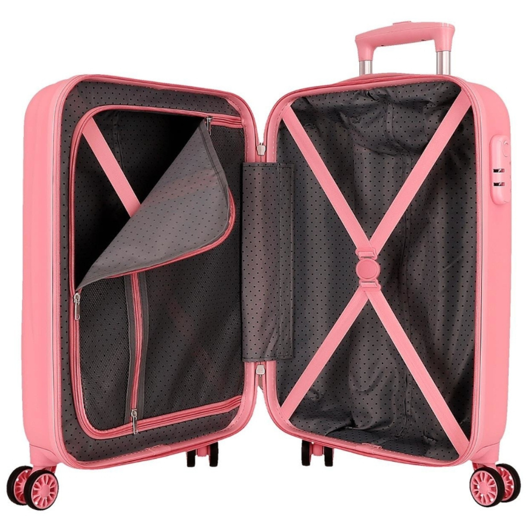 Mala de viagem rígida rosa aberta mostrando interior forrado cinzento com pontos e compartimentos.