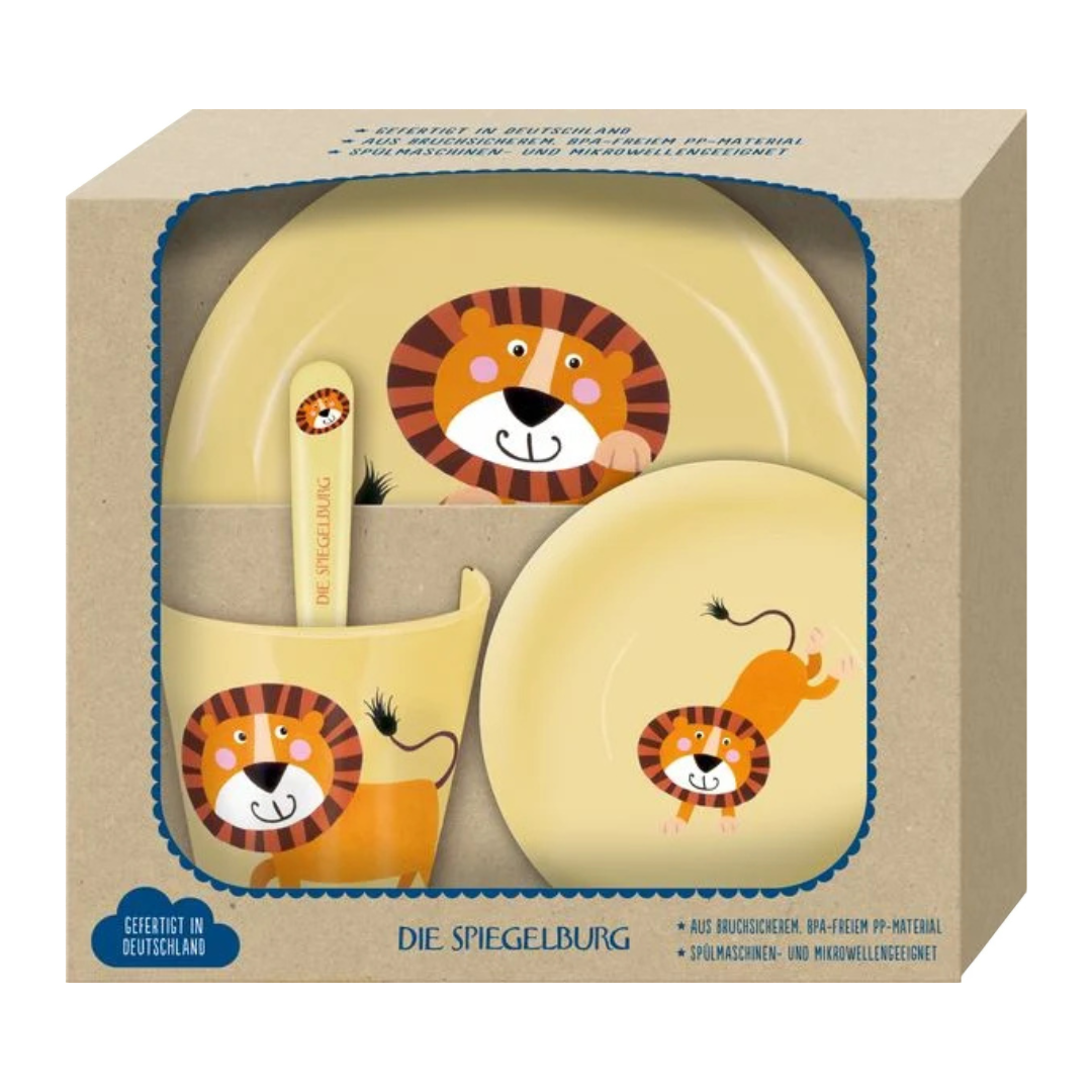 Conjunto de refeição infantil em plástico amarelo com desenho de leão