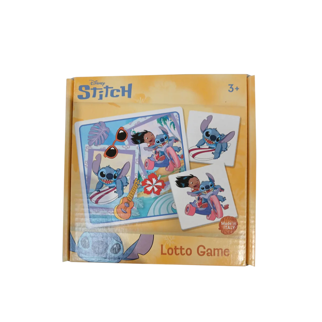 Caixa amarela do jogo Lotto com personagens Stitch e Lilo coloridos e texto Disney Stitch.