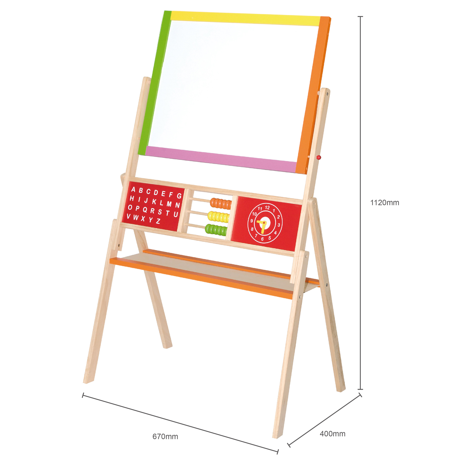 Quadro infantil de dupla face em madeira com área para escrever, alfabeto, ábaco e relógio colorido