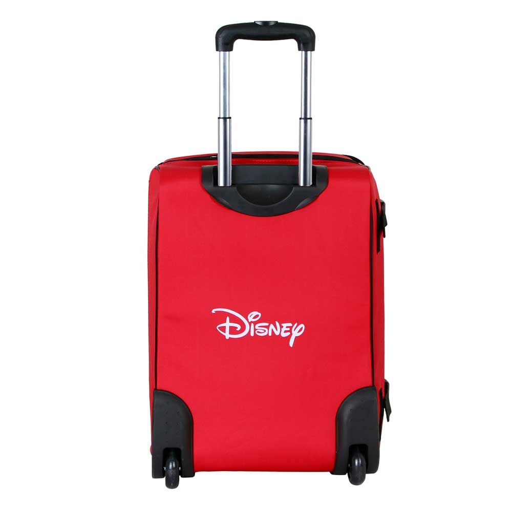 Mala de viagem vermelha com rodas e pega extensível e logo Disney