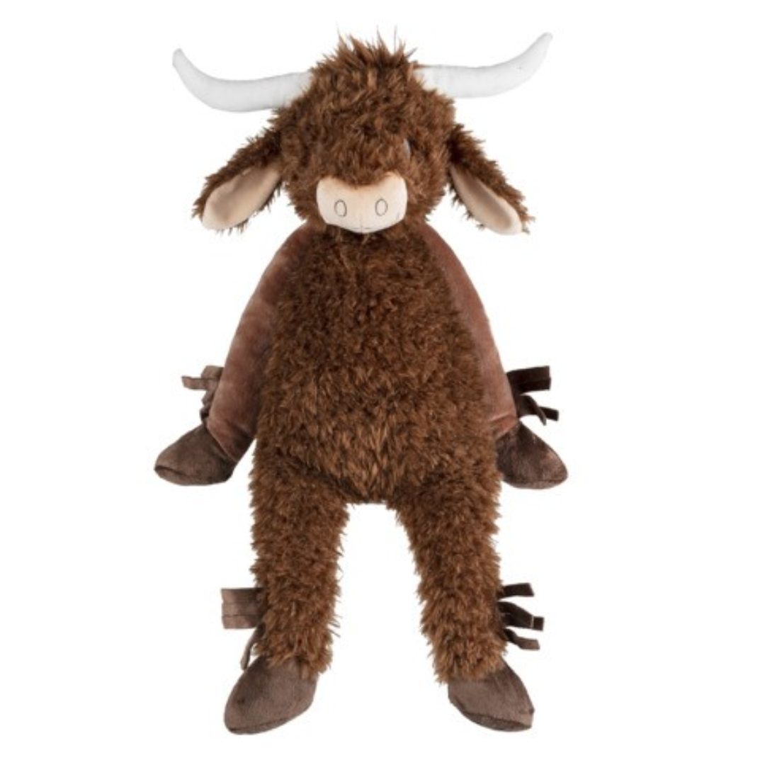 Pelúcia de touro castanho com textura felpuda e chifres brancos