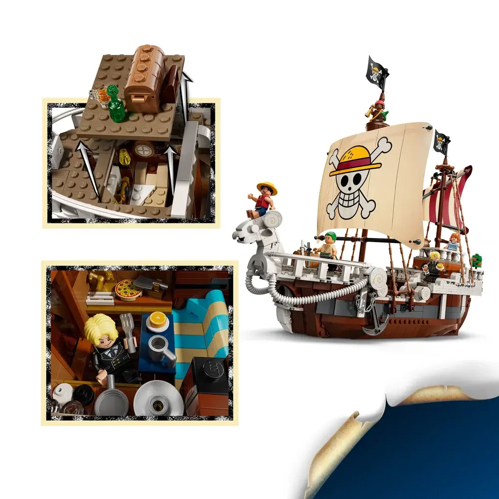 LEGO navio pirata de plástico com velas de caveira e figuras minifiguras coloridas