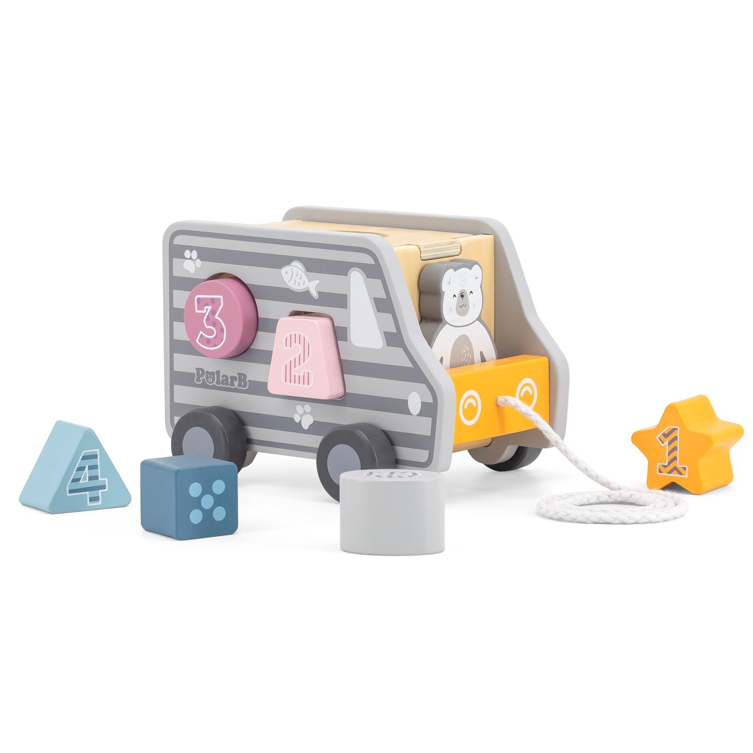 Carrinho de madeira com cubos coloridos para encaixar e corda para puxar