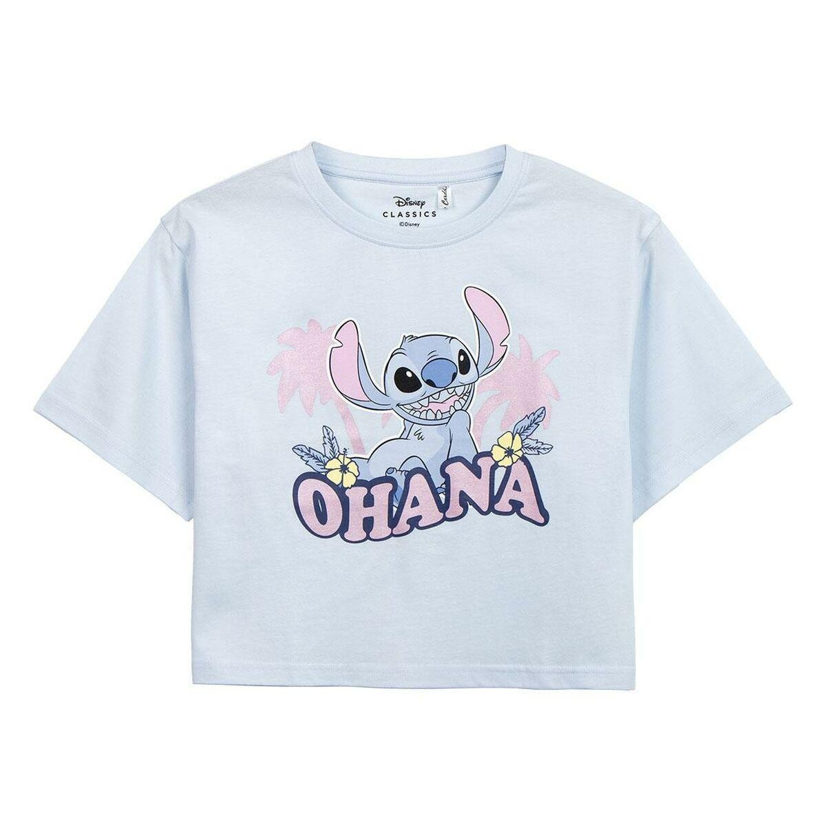 T-shirt azul clara com estampa do Stitch e palavra OHANA