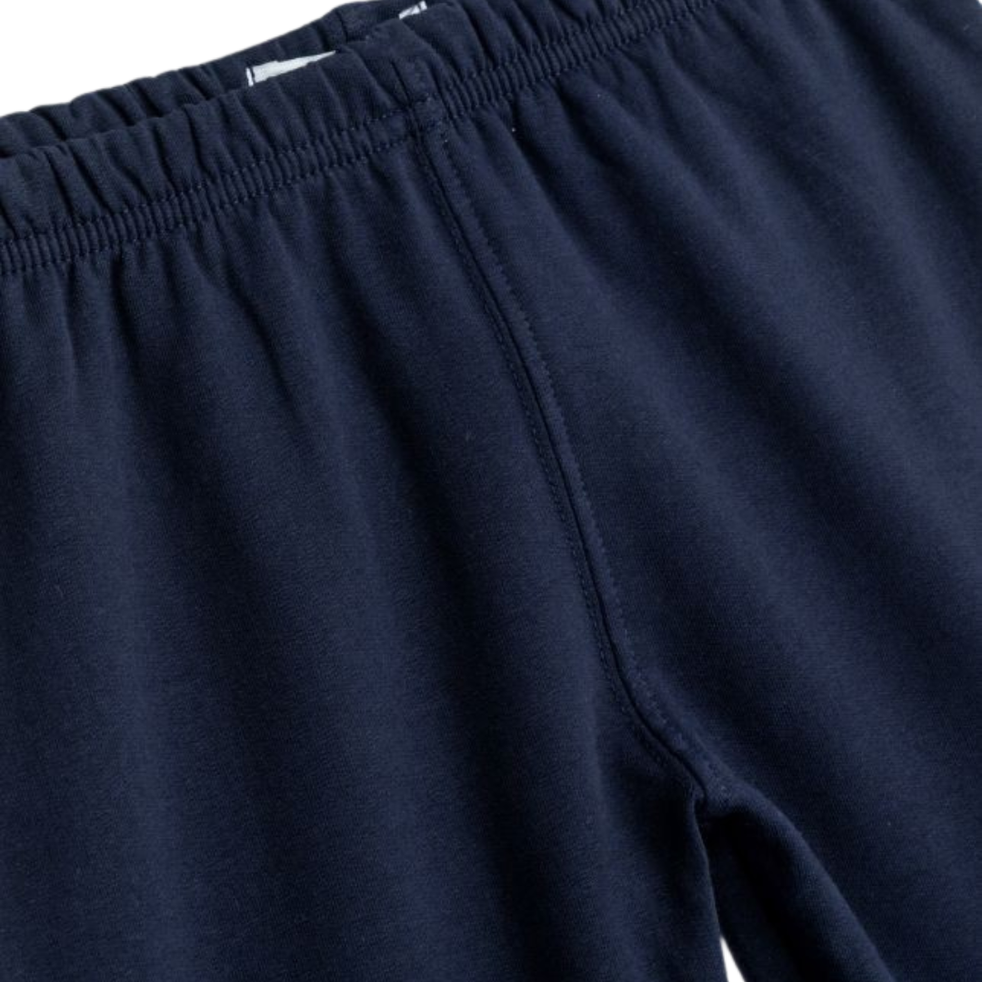 Calças azul escuro com cós elástico e costura central