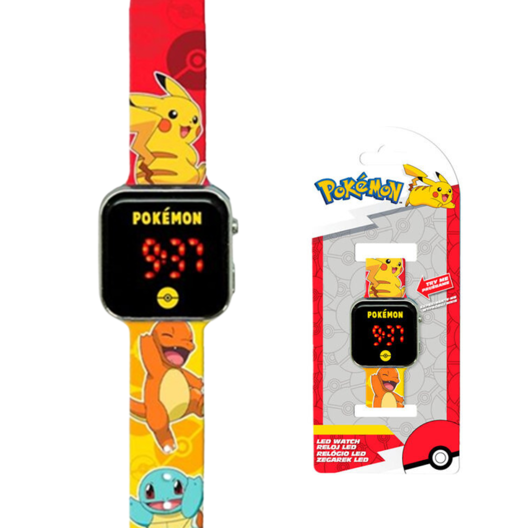 Relógio digital LED Pokémon com pulseira colorida e embalagem com design vermelho e branco.