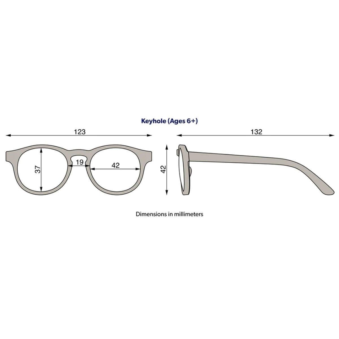 Desenho técnico de óculos Keyhole com dimensões em milímetros