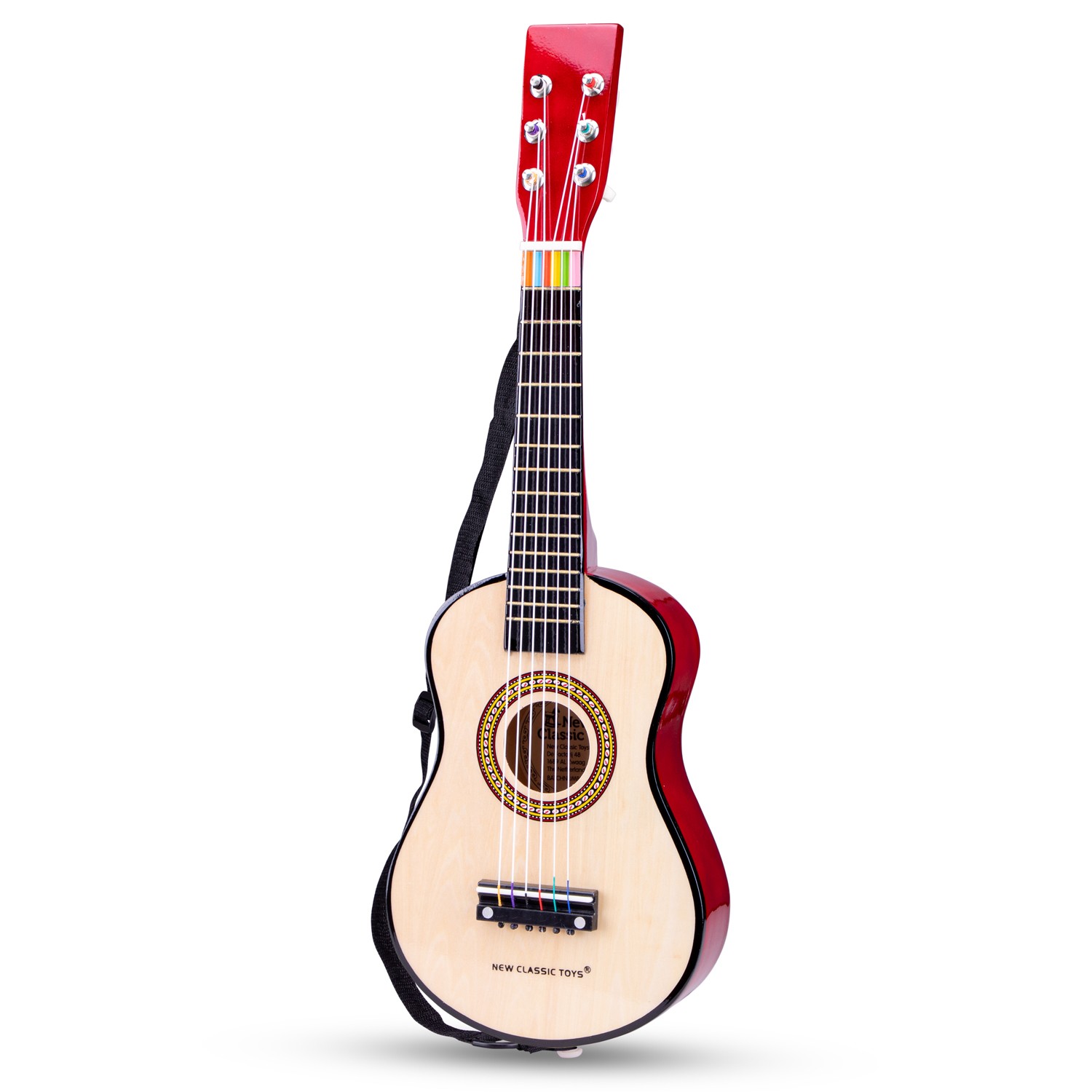 Guitarra clássica com corpo vermelho e frente de madeira clara, 6 cordas e correia preta