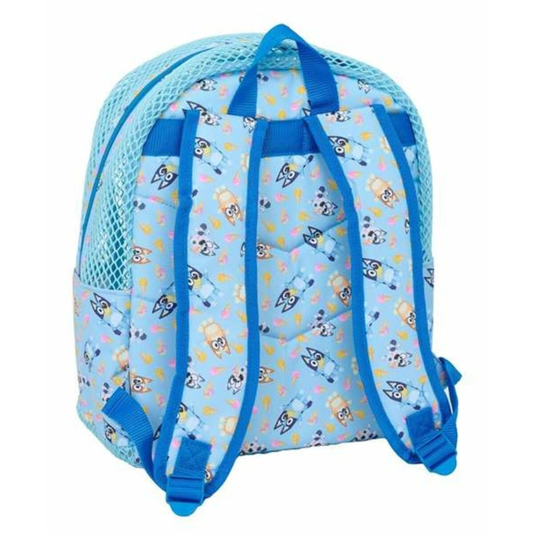 Mochila azul claro com padrão de personagens, alças e laterais em malha