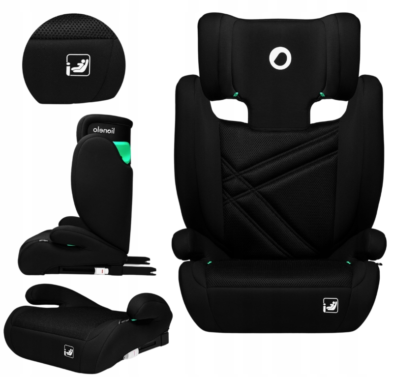 Cadeira auto preta para crianças com suporte para cabeça e conectores ISOFIX.