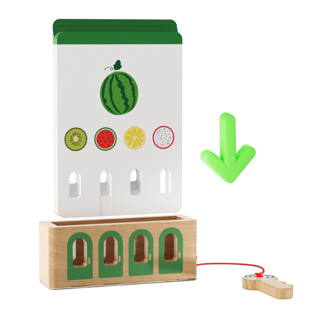 Brinquedo de madeira com ilustrações de frutas e peças móveis