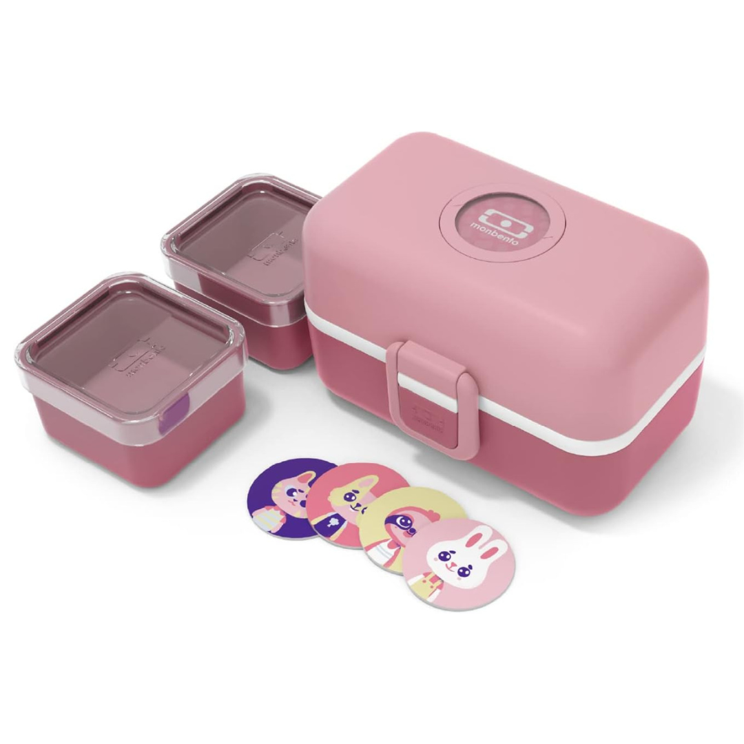 lancheira cor-de-rosa com duas caixas pequenas e discos com desenhos de animais