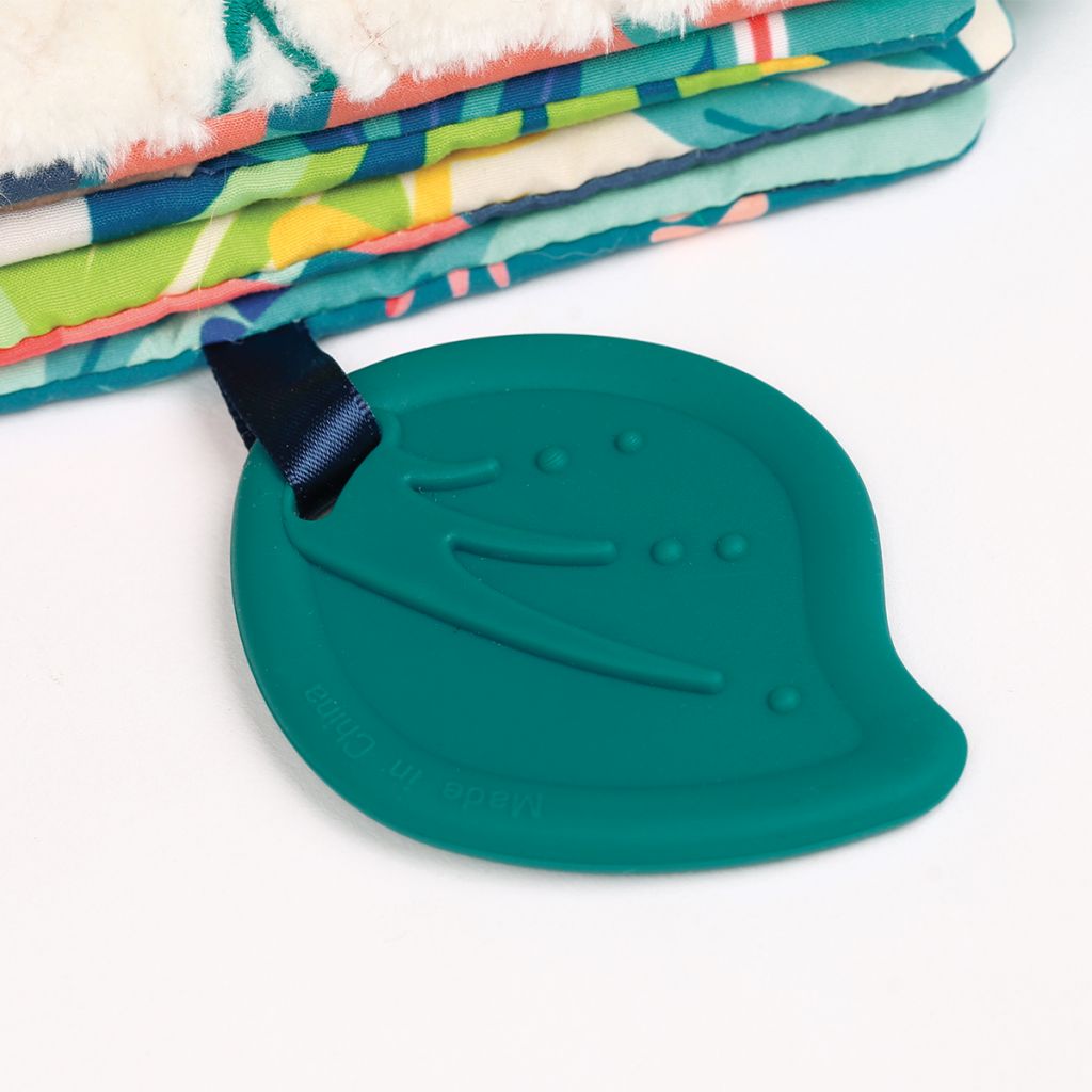Brinquedo agarrador de silicone verde em forma de folha com tecido colorido floral