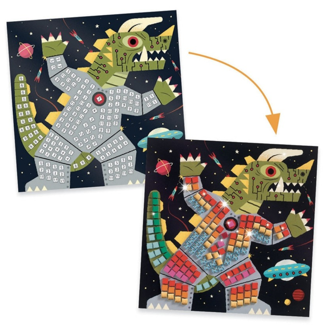 dois quadros quadrados com dinossauro robótico colorido no espaço