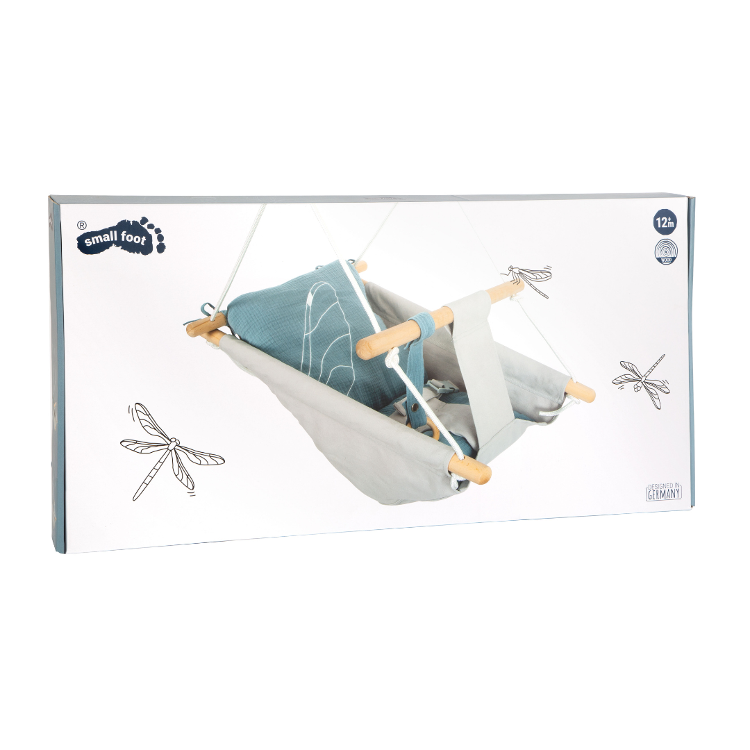 Cadeira baloiço para bebé cinza com estrutura em madeira, embalagem branca com texto e ilustrações