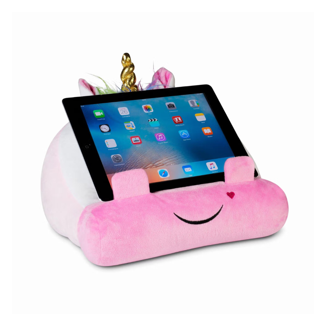 Suporte para tablet em forma de unicórnio rosa e branco de pelúcia